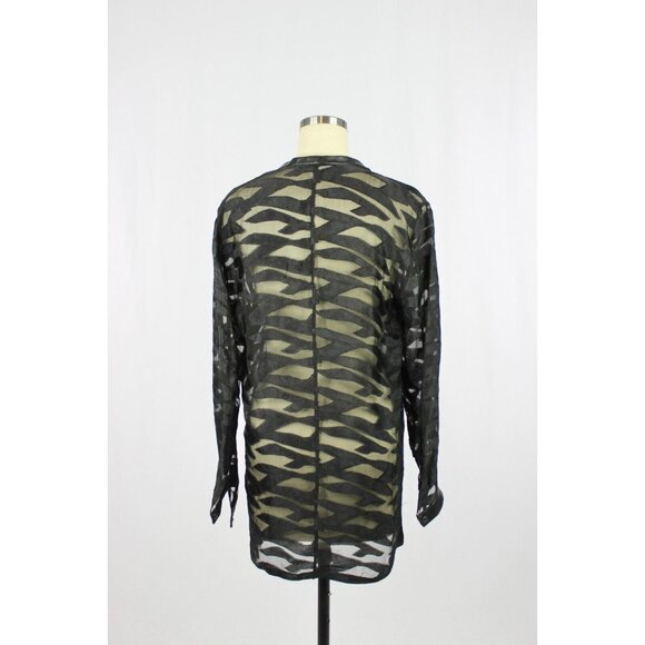 HELMUT LANG Black Sheer Silk Jacquard Leather Trim V-Neck Shirt Blouse, Size M - Picture 3 of 12
